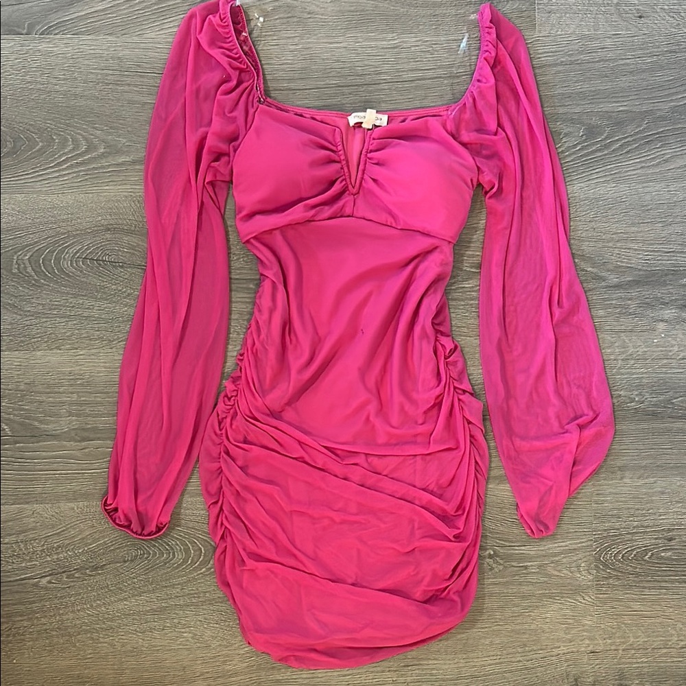 Moa Moa Pink Ruched Bodycon Dress with Bishop Sleeves